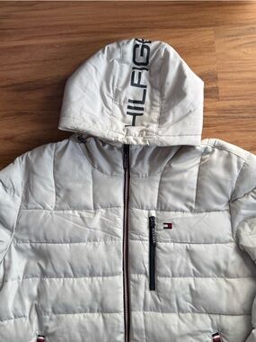 Tommy Hilfiger White Puffer Jacket Men's XXL Hooded Water-Resistant Zip Logo